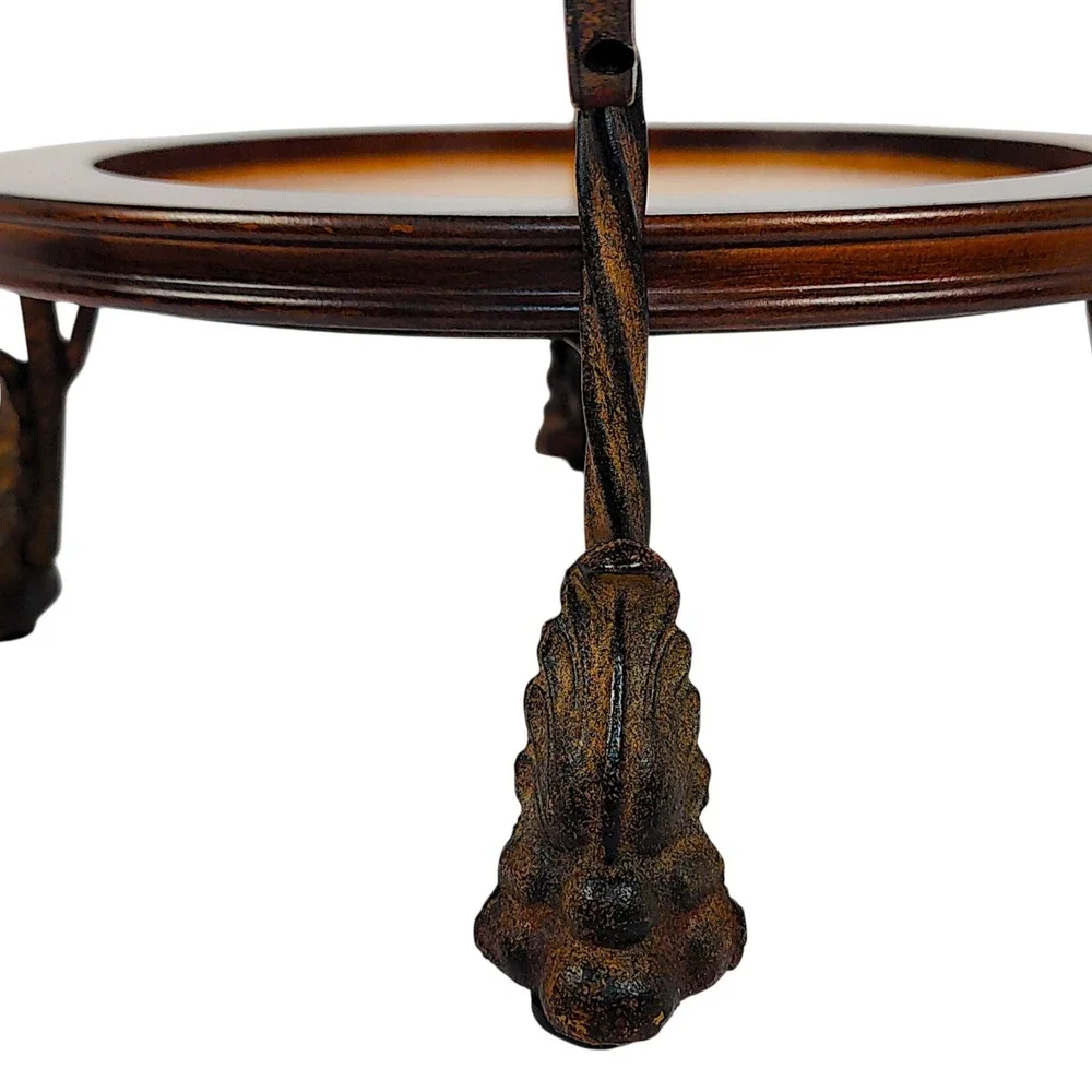 Vintage Wood Round Centerpiece Tray with Metal Handle